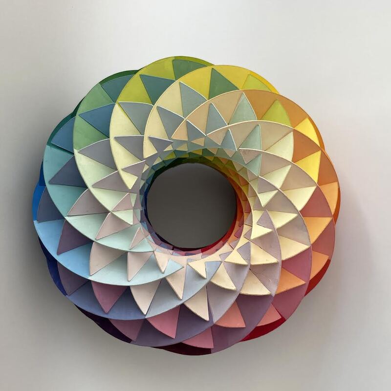 "Sliceform Torus Color Wheel." Gouache on watercolor paper. 15x15x2 cm (6x6x2 in.)